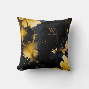 Zwart Goud Luxe Bloemen Marmeren Swirl Kussen