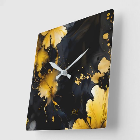 Zwart Goud Luxe Bloemen Marmeren Swirl Vierkante Klok (Hoek)