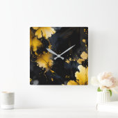 Zwart Goud Luxe Bloemen Marmeren Swirl Vierkante Klok (Huis)