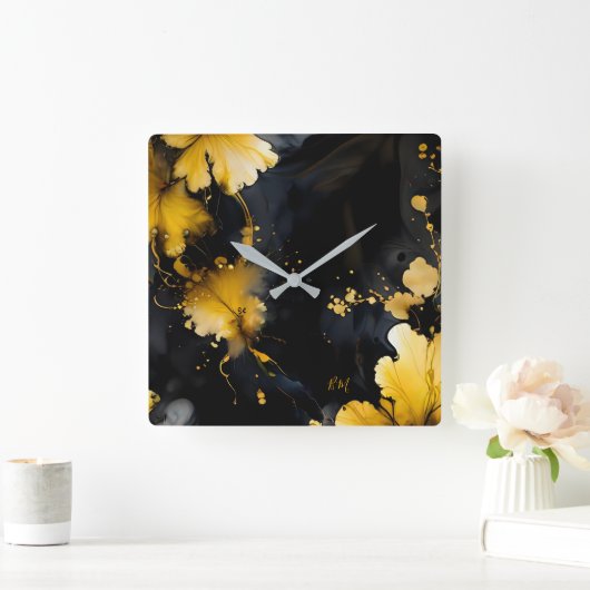 Zwart Goud Luxe Bloemen Marmeren Swirl Vierkante Klok (Huis)
