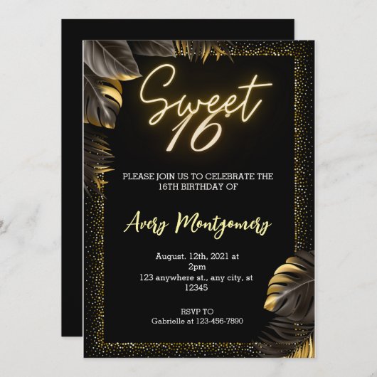 Zwart Goud Luxe Gelukkig Lief 16e Verjaardagsfeest Kaart (Voorkant / Achterkant)