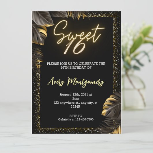 Zwart Goud Luxe Gelukkig Lief 16e Verjaardagsfeest Kaart (Staand voorkant)