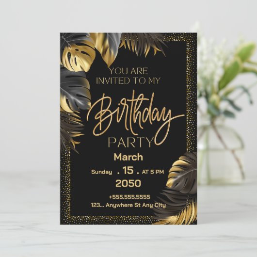 Zwart Goud Luxe Gelukkige Verjaardagsfeestuitnodig Kaart (Staand voorkant)