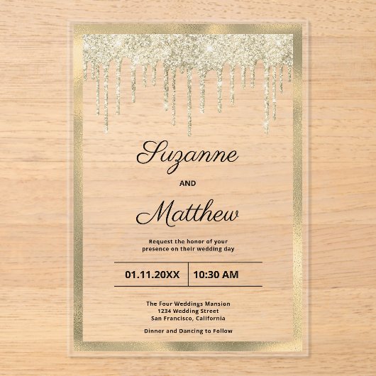 Zwart goud luxe glitter drips Wedding Acryl Uitnodigingen (Voorkant)