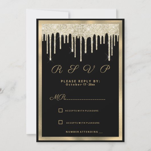 Zwart goud luxe glitter druppels RSVP Kaart (Voorkant)