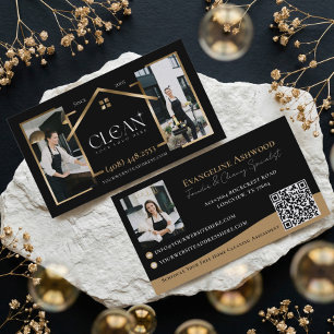 Zwart & Goud Luxe Huis Schoonmaak Foto Logo QR Visitekaartje