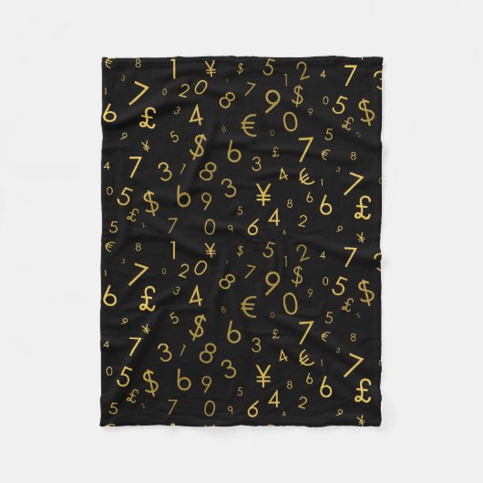 Zwart Goud Luxe Nummers Valuta symbolen Patroon Fleece Deken (Voorkant)