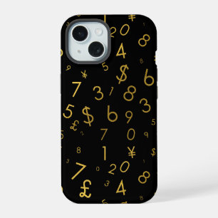 Zwart Goud Luxe Nummers Valuta symbolen Patroon iPhone 15 Case