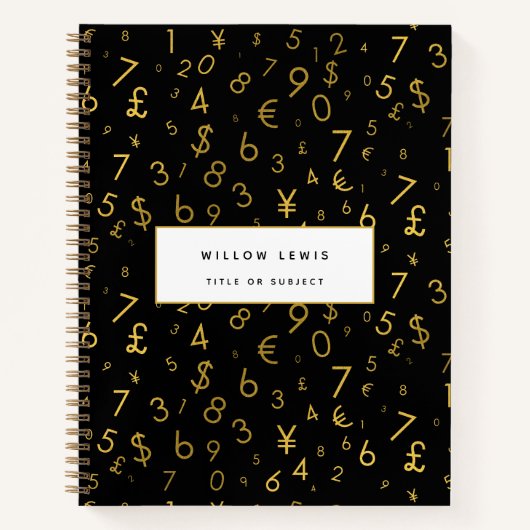Zwart Goud Luxe Nummers Valuta symbolen Patroon Notitieboek (Voorkant)