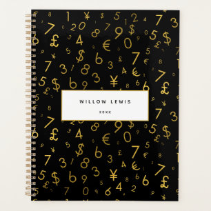 Zwart Goud Luxe Nummers Valuta symbolen Patroon Planner