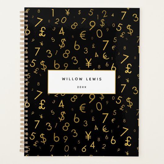 Zwart Goud Luxe Nummers Valuta symbolen Patroon Planner (Voorkant)