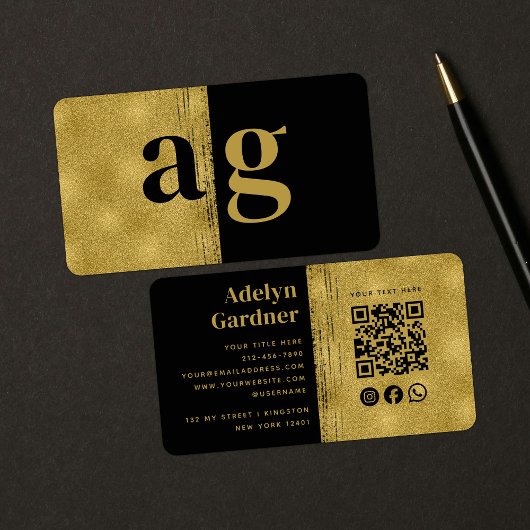 Zwart Goud Luxe QR Code Monogram Social Media Visitekaartje
