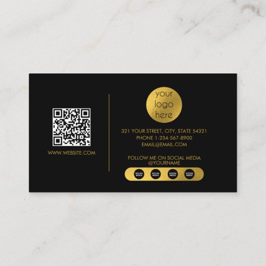 Zwart Goud Luxe Script QR Code Social Media Visitekaartje (Achterkant)