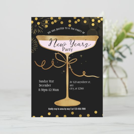 Zwart Goud Luxe Sparkle Nieuwjaar Party Uitnodigin Kaart (Staand voorkant)