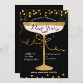 Zwart Goud Luxe Sparkle Nieuwjaar Party Uitnodigin Kaart (Voorkant / Achterkant)