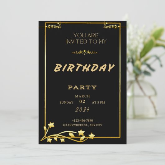 Zwart Goud Luxe Verjaardag Uitnodiging (Staand voorkant)