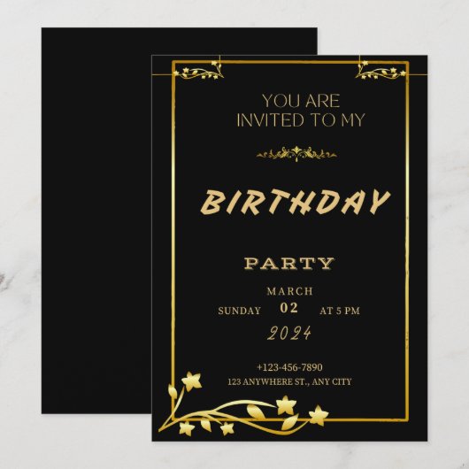 Zwart Goud Luxe Verjaardag Uitnodiging (Voorkant / Achterkant)