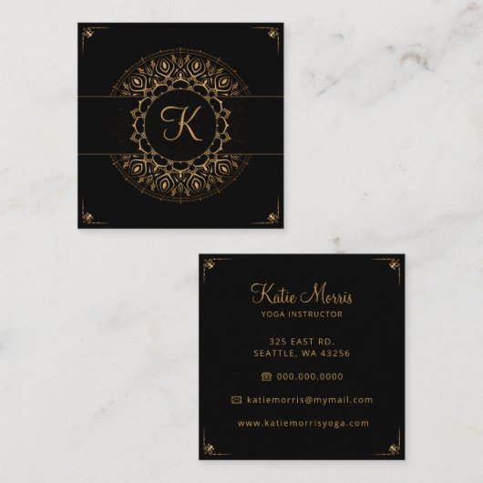 Zwart Goud Mandala Elegante Yoga Instructeur Vierkante Visitekaartje (Voorkant / Achterkant)