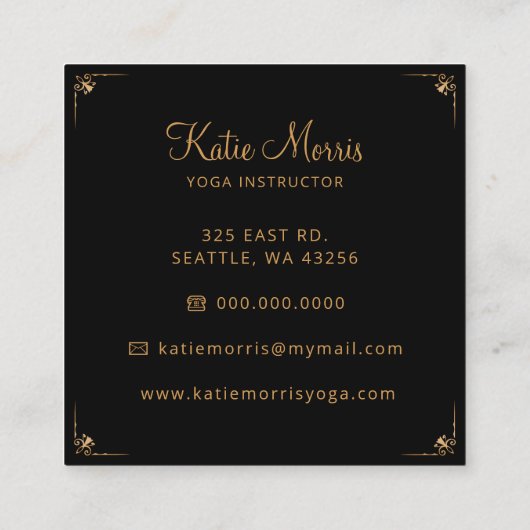 Zwart Goud Mandala Elegante Yoga Instructeur Vierkante Visitekaartje (Achterkant)