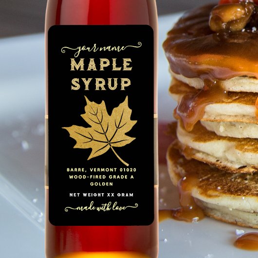 Zwart & Goud Maple Leaf Maple Syrup Verticaal Labe Etiket