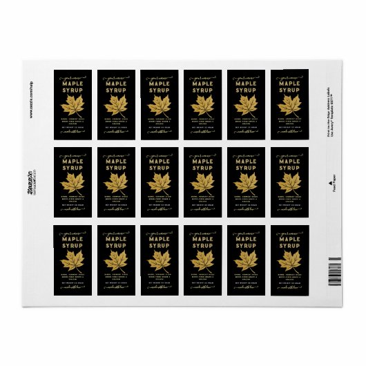 Zwart & Goud Maple Leaf Maple Syrup Verticaal Labe Etiket (Full Sheet)