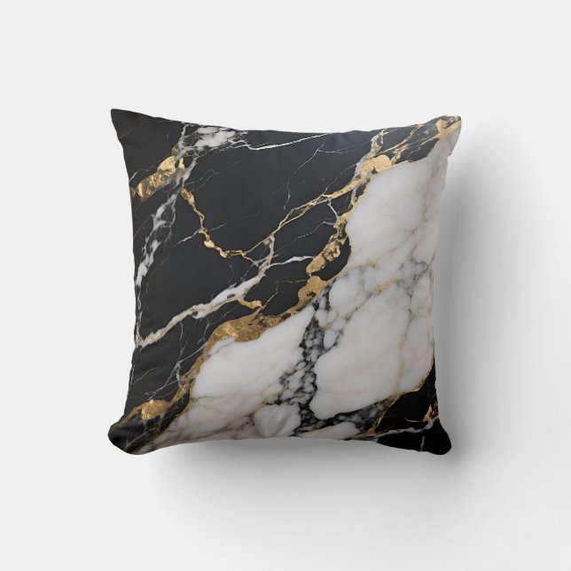 Zwart Goud Marmer Aders Luxe Abstract Kussen (Voorkant)