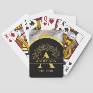 Zwart Goud Marmer Botanisch Monogram Gepersonalise Pokerkaarten