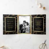 Zwart Goud Marmer Faux Gouden Folie Foto Bruiloft Drieluik Uitnodiging (Binnen)