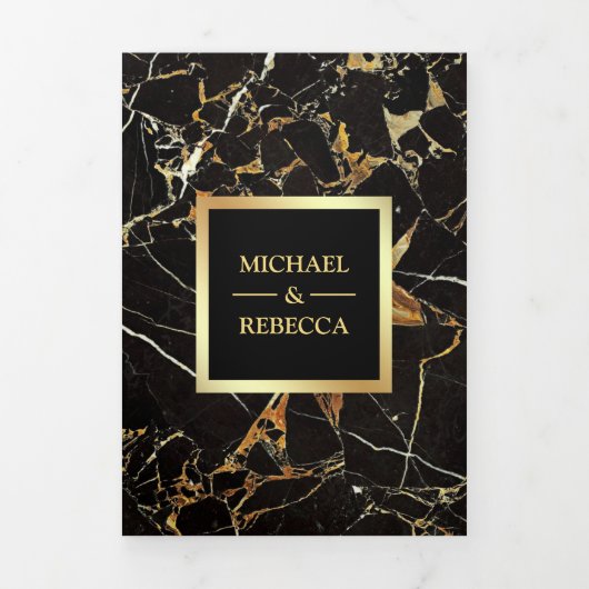 Zwart Goud Marmer Faux Gouden Folie Foto Bruiloft Drieluik Uitnodiging (Cover)