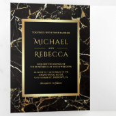 Zwart Goud Marmer Faux Gouden Folie Foto Bruiloft Drieluik Uitnodiging (Binnenzijde eerst)