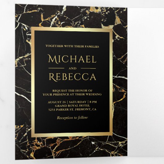 Zwart Goud Marmer Faux Gouden Folie Foto Bruiloft Drieluik Uitnodiging (Binnenzijde eerst)