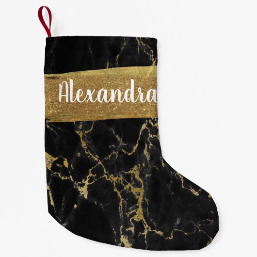 Zwart & Goud Marmer Glitter en Sparkle Kleine Kerstsok (Voorkant)