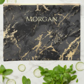 Zwart & Goud Marmer, Goud Monogram, Naam & Streep Theedoek (Gevouwen)