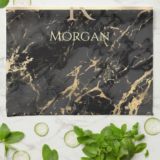Zwart & Goud Marmer, Goud Monogram, Naam & Streep Theedoek (Gevouwen)