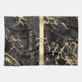 Zwart & Goud Marmer, Goud Monogram, Naam & Streep Theedoek (Horizontaal)