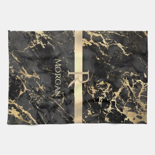 Zwart & Goud Marmer, Goud Monogram, Naam & Streep Theedoek (Horizontaal)