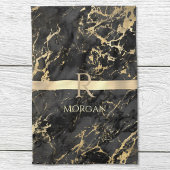 Zwart & Goud Marmer, Goud Monogram, Naam & Streep Theedoek