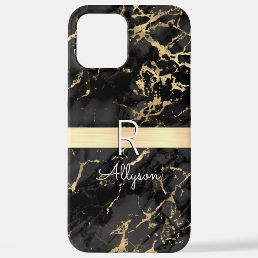 Zwart & Goud Marmer, Gouden Bar, Wit Naam Monogram iPhone Hoesje (Achterkant)