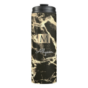 Zwart & Goud Marmer, Gouden Doos, Naam & Monogram Thermosbeker
