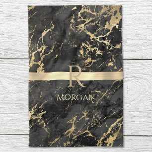 Zwart & Goud Marmer, Gouden Monogram, Naam & Stree Theedoek