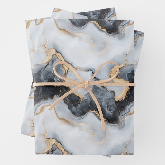 Zwart goud marmer inpakpapier vel set van 3 (In situ)