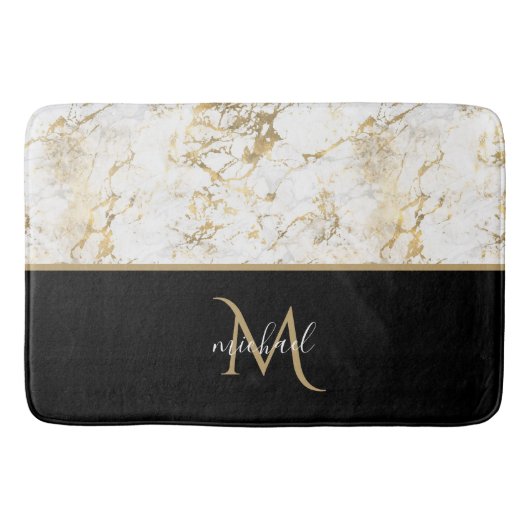 Zwart Goud & Marmer Monogram Elegante Luxe Badmat (Voorkant)