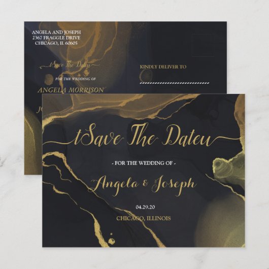 zwart & Goud Marmer Save the Date Briefkaart (Voorkant / Achterkant)