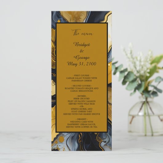 Zwart Goud Marmer Swirl Bruiloft Menu (Staand voorkant)