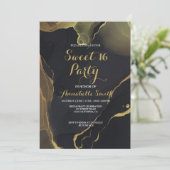 zwart & Goud Marmer zoet 16 uitnodiging (Staand voorkant)