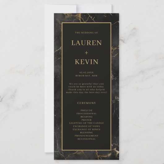 Zwart goud marmeren agaat bruiloft ceremonie progr (Voorkant)