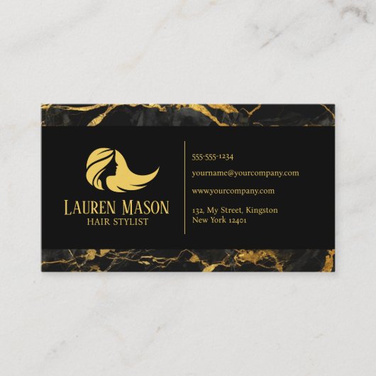 Zwart Goud Marmeren Haar Stylist Haarsalon Visitekaartje (Voorkant)