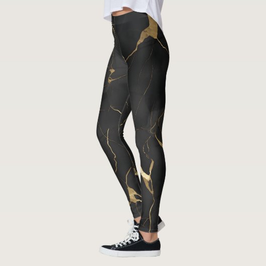 Zwart Goud Marmeren Swirl Patroon Leggings (Links)