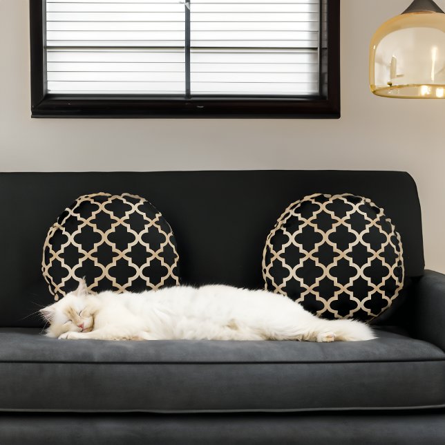 Zwart & Goud Marokkaans Patroon Rond Kussen (Creator heeft geüpload)