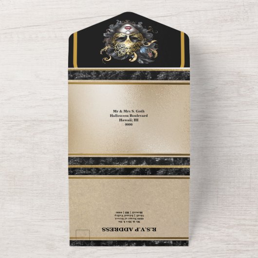 Zwart goud maskerade gezichtsmasker bruiloft elega all in one uitnodiging (Buitenkant)